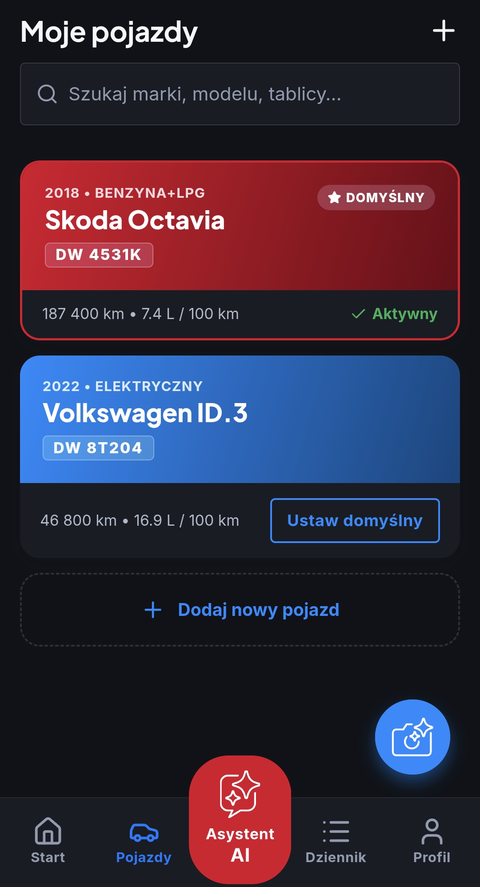 Ekran Pojazdy w aplikacji autototu